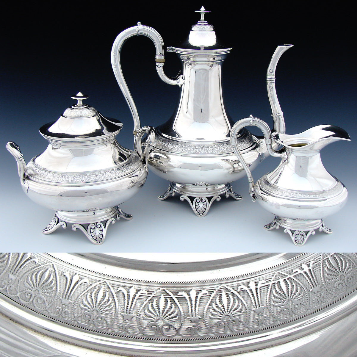 Elegant Antique French Sterling Silver 3pc Coffee or Tea Set, Aesthetic Palmettes