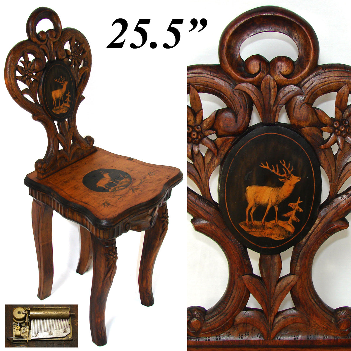 RARE! Antique Black Forest Carved Miniature, Salesman's Sample or Child Sized Chair, Musical