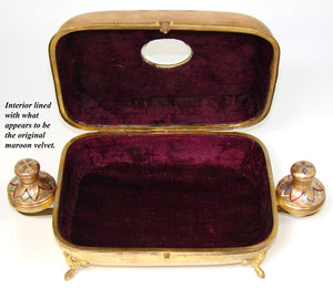 Rare Huge Antique French Napoleon III Gilt Bronze & Champleve Enamel Jewelry Casket, Original Perfume Bottles