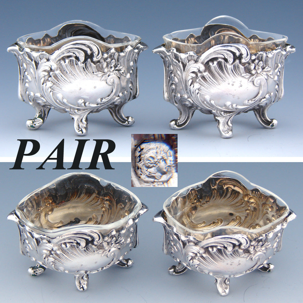 Pair Antique French Sterling Silver & Blown Glass Open Salts, Louis XIV or Rococo Style