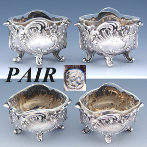 Pair Antique French Sterling Silver & Blown Glass Open Salts, Louis XIV or Rococo Style