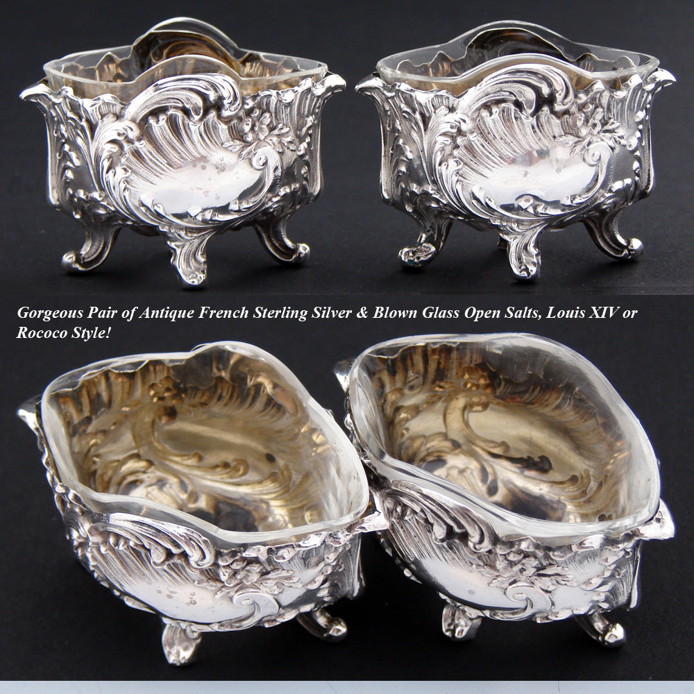 Pair Antique French Sterling Silver & Blown Glass Open Salts, Louis XIV or Rococo Style