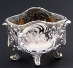 Pair Antique French Sterling Silver & Blown Glass Open Salts, Louis XIV or Rococo Style