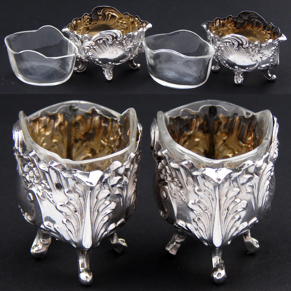 Pair Antique French Sterling Silver & Blown Glass Open Salts, Louis XIV or Rococo Style