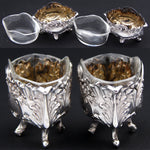 Pair Antique French Sterling Silver & Blown Glass Open Salts, Louis XIV or Rococo Style