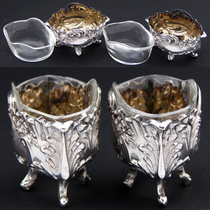 Pair Antique French Sterling Silver & Blown Glass Open Salts, Louis XIV or Rococo Style