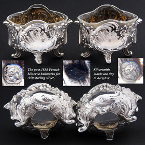 Pair Antique French Sterling Silver & Blown Glass Open Salts, Louis XIV or Rococo Style