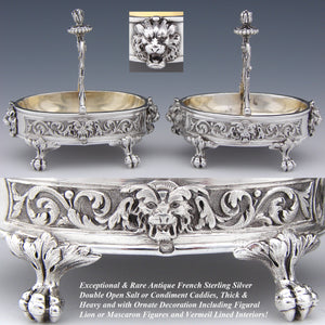 Superb Antique French Sterling Silver & Vermeil Double Open Salt PAIR, Lion Mascarons