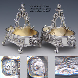 Superb Antique French Sterling Silver & Vermeil Double Open Salt PAIR, Lion Mascarons