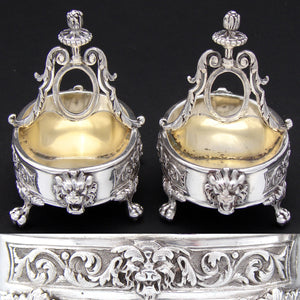 Superb Antique French Sterling Silver & Vermeil Double Open Salt PAIR, Lion Mascarons