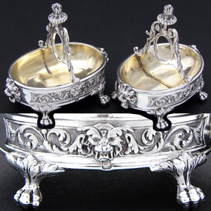 Superb Antique French Sterling Silver & Vermeil Double Open Salt PAIR, Lion Mascarons