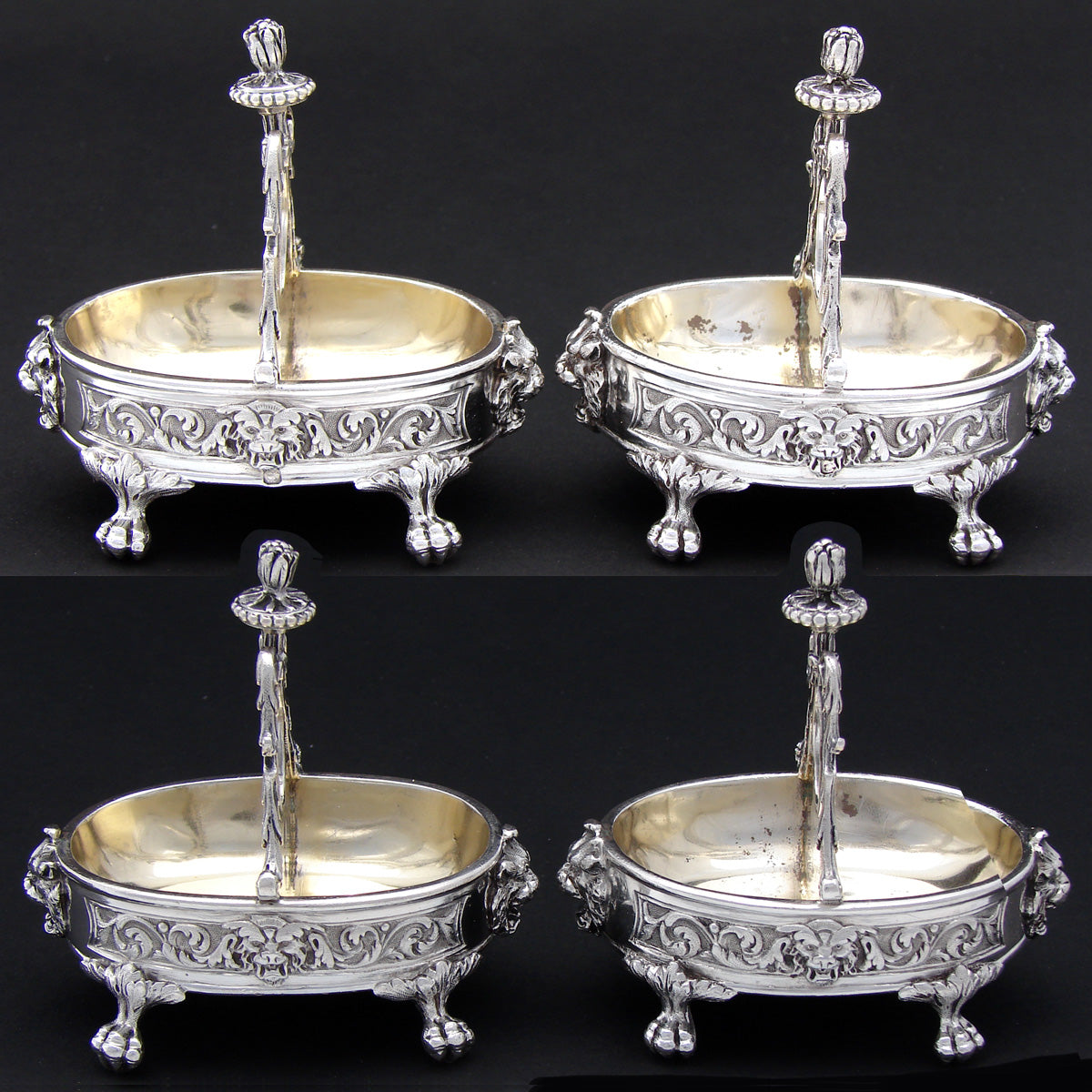 Superb Antique French Sterling Silver & Vermeil Double Open Salt PAIR, Lion Mascarons