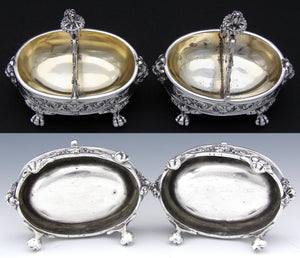 Superb Antique French Sterling Silver & Vermeil Double Open Salt PAIR, Lion Mascarons