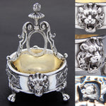 Superb Antique French Sterling Silver & Vermeil Double Open Salt PAIR, Lion Mascarons