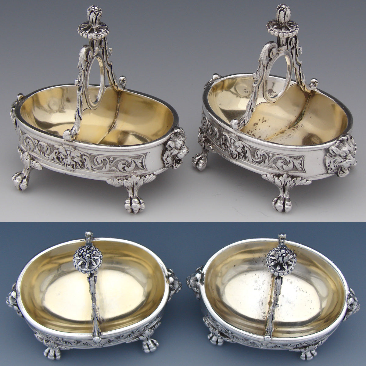 Superb Antique French Sterling Silver & Vermeil Double Open Salt PAIR, Lion Mascarons