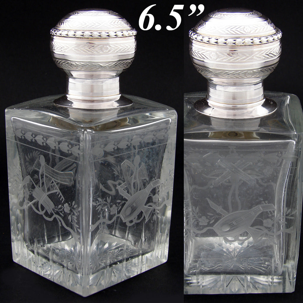 Antique French Sterling Silver & Intaglio Engraved Glass Decanter, Oversized Perfume or Cologne