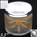 Gorgeous Antique French Sterling Silver Topped 3.5" Vanity or Dressing Jar, Gold Enamel