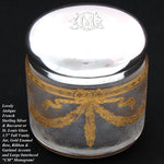 Gorgeous Antique French Sterling Silver Topped 3.5" Vanity or Dressing Jar, Gold Enamel