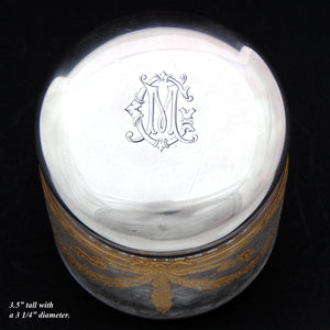 Gorgeous Antique French Sterling Silver Topped 3.5" Vanity or Dressing Jar, Gold Enamel