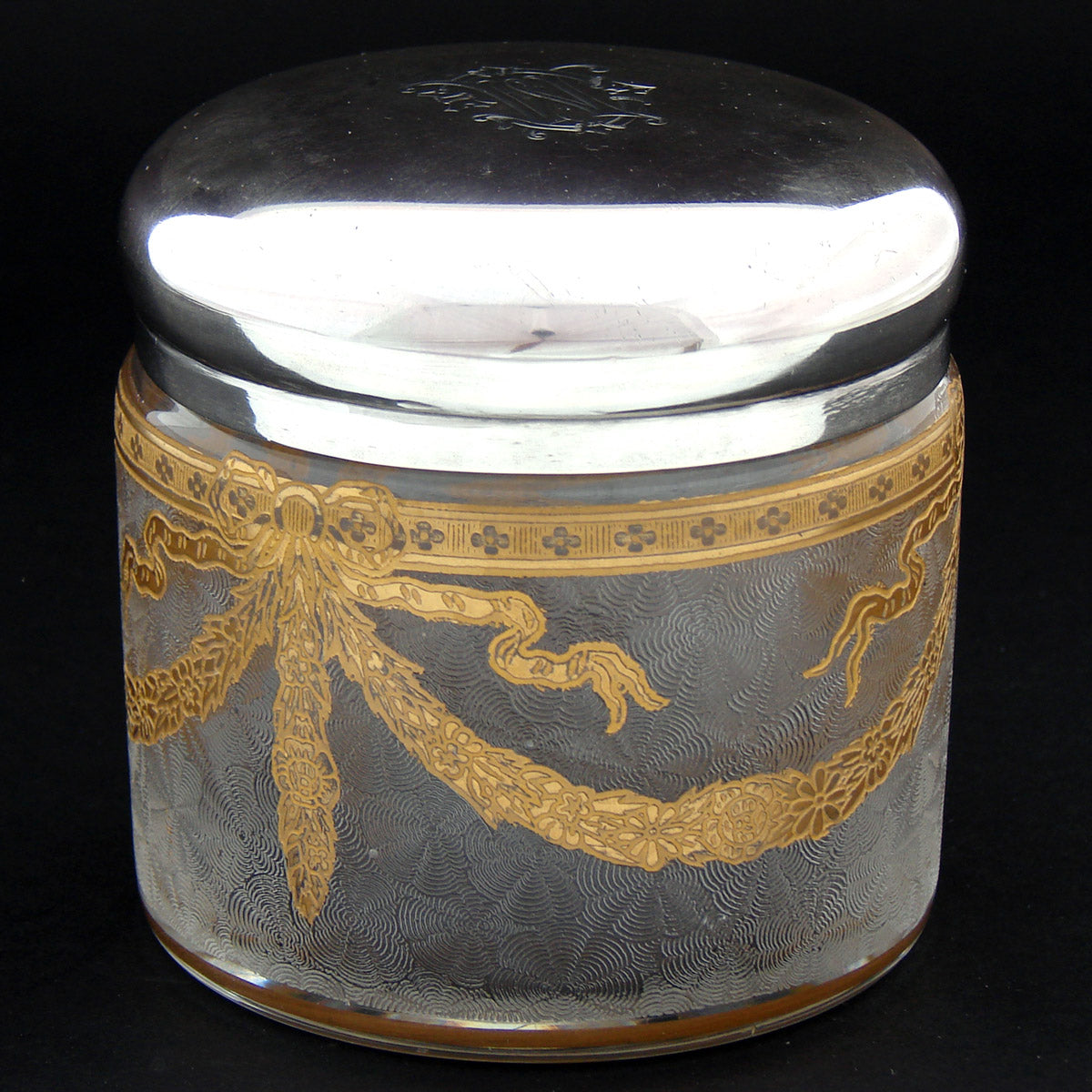 Gorgeous Antique French Sterling Silver Topped 3.5" Vanity or Dressing Jar, Gold Enamel