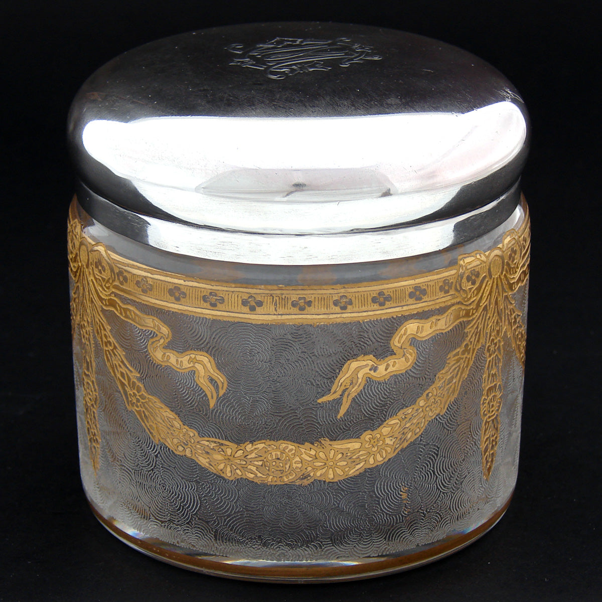 Gorgeous Antique French Sterling Silver Topped 3.5" Vanity or Dressing Jar, Gold Enamel