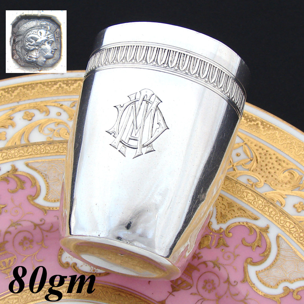 Vintage French Sterling Silver Wine or Mint Julep Cup, Tumbler or "Timbale", "MAD" Monogram