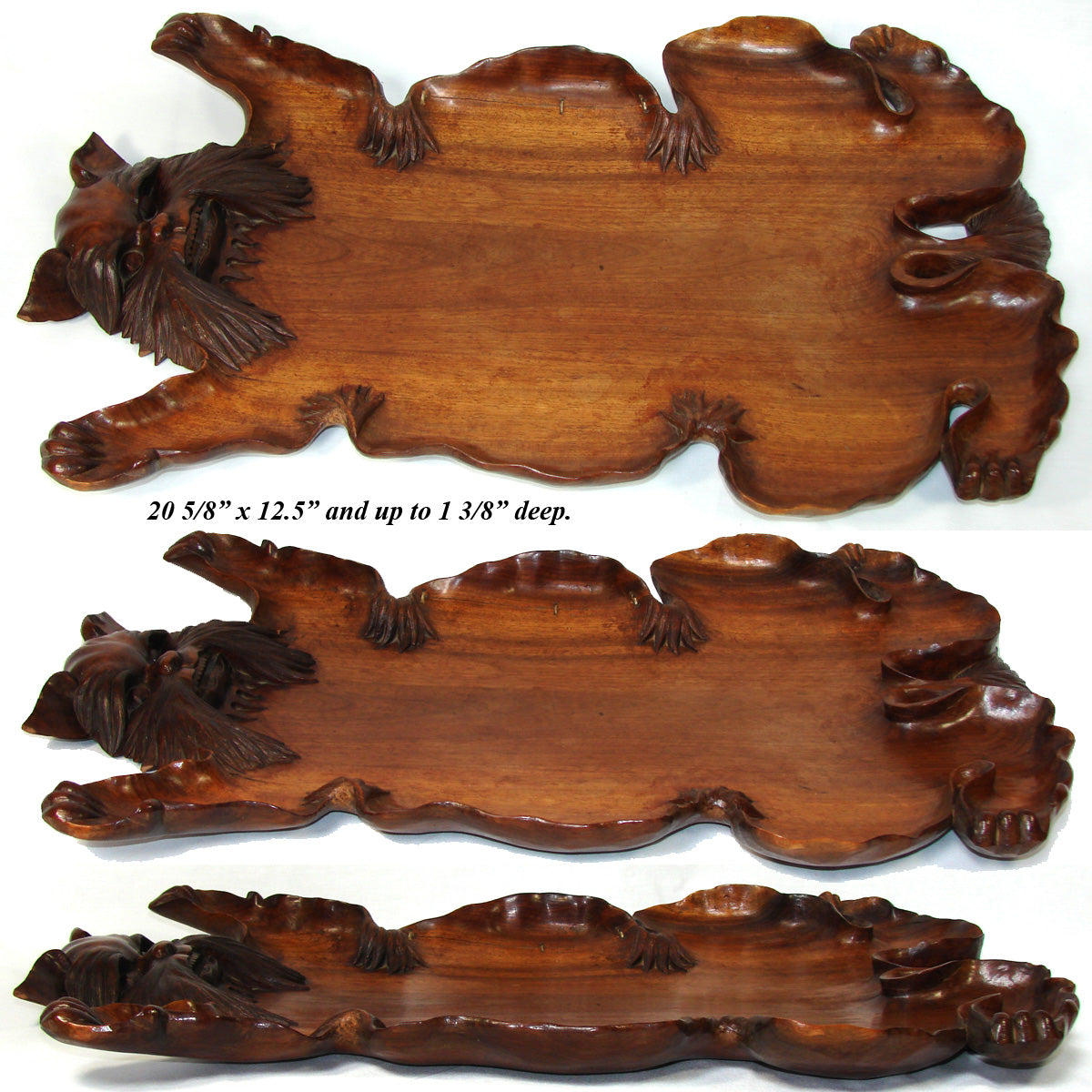 Charming Antique Asian Carved Teak(?) Bar or Serving Tray, 20.5" x 12.5", a Carved CAT