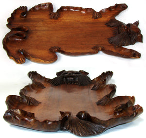 Charming Antique Asian Carved Teak(?) Bar or Serving Tray, 20.5" x 12.5", a Carved CAT