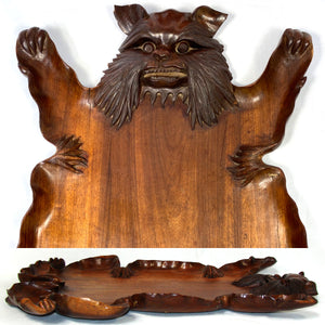 Charming Antique Asian Carved Teak(?) Bar or Serving Tray, 20.5" x 12.5", a Carved CAT