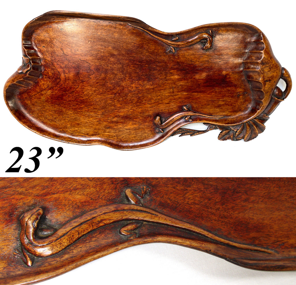 Vintage Oriental Hand Carved Wood 23.25" Bar or Serving Tray, Flowers, Foliage & Salamander Figures