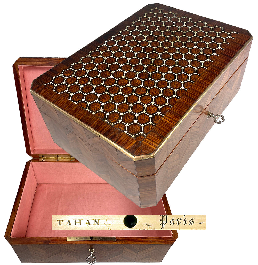 Superb 19th Century French Antique TAHAN Jewelry Box, Desk Box, Kingwood Marquetry