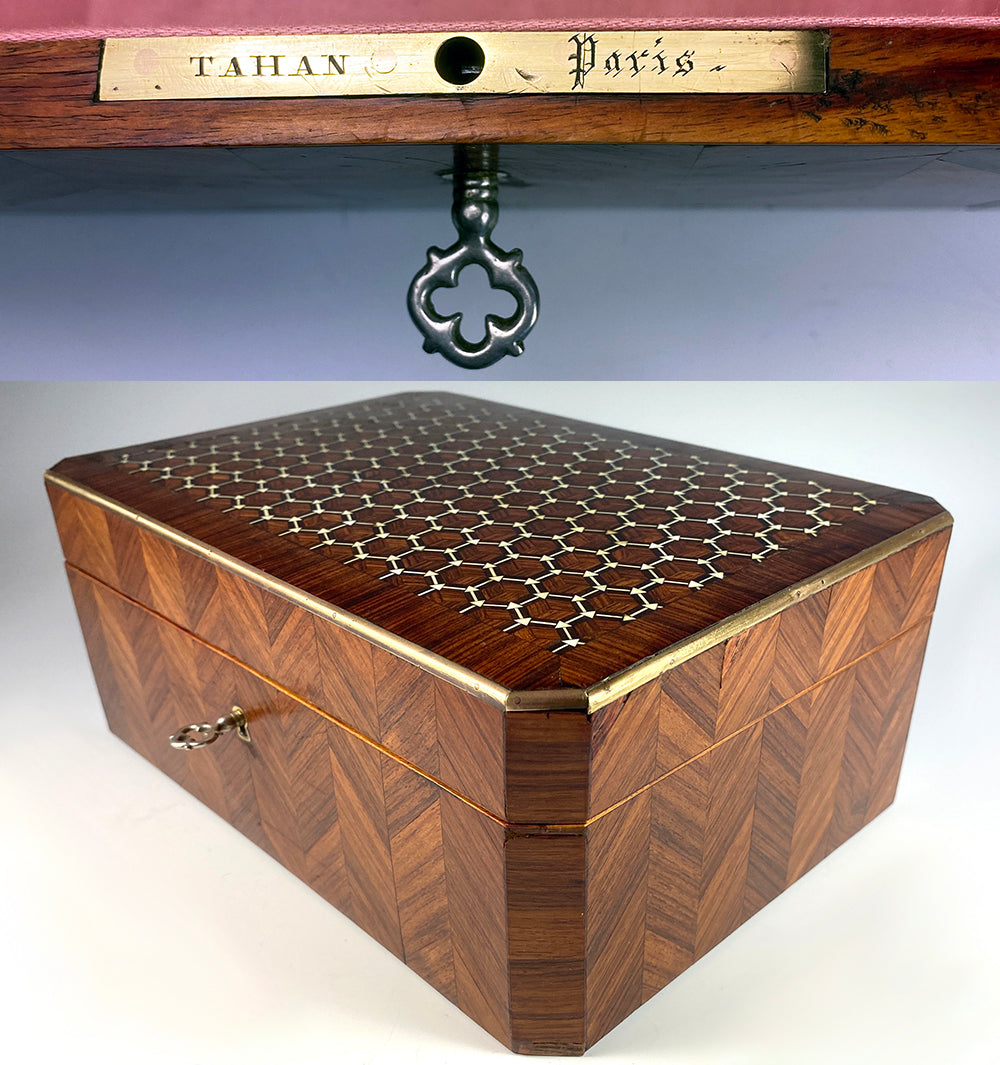 Superb 19th Century French Antique TAHAN Jewelry Box, Desk Box, Kingwood Marquetry