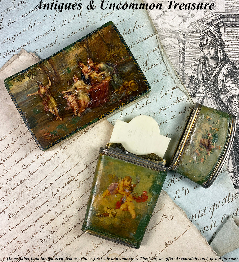 Antique French Sterling Silver & Vernis Martin Painting Necessaire & Note Card