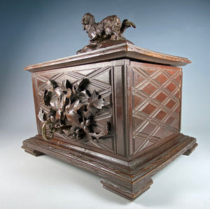 Antique Swiss Black Forest Carved Dog Top Cigar Chest, 11" Cabinet, Presentation Box