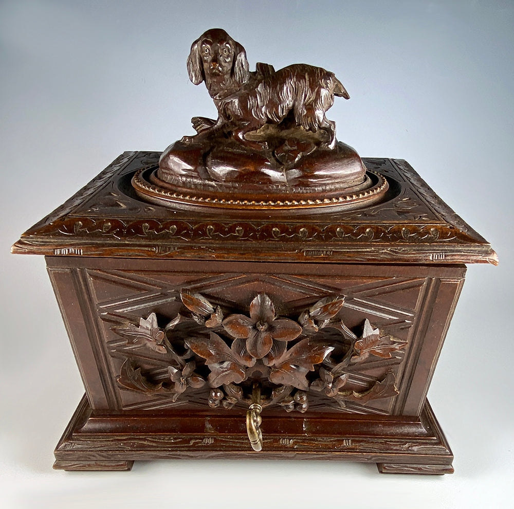 Antique Swiss Black Forest Carved Dog Top Cigar Chest, 11" Cabinet, Presentation Box