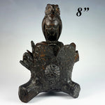 Antique HC Swiss Black Forest Owl on Logs, Cigar or Pipe Caddy, Match Holder 8" Tall