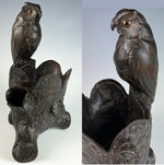 Antique HC Swiss Black Forest Owl on Logs, Cigar or Pipe Caddy, Match Holder 8" Tall