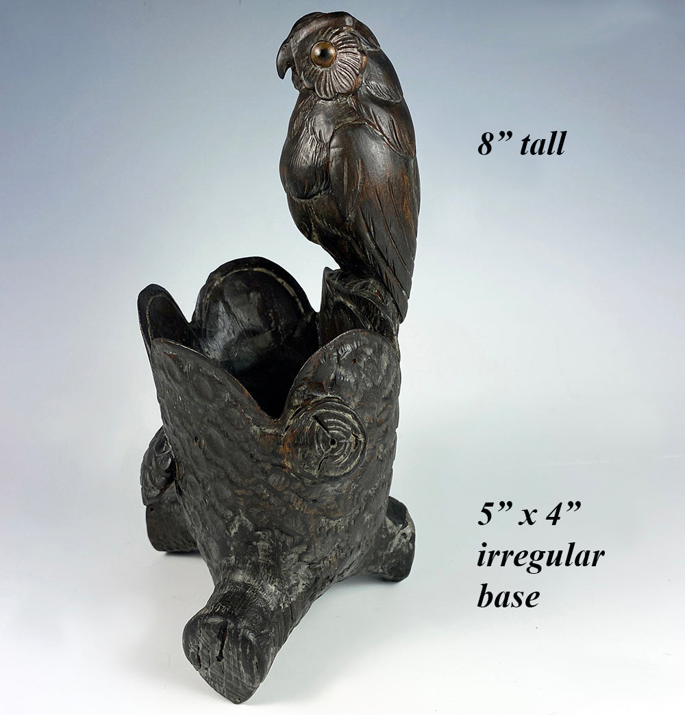 Antique HC Swiss Black Forest Owl on Logs, Cigar or Pipe Caddy, Match Holder 8" Tall