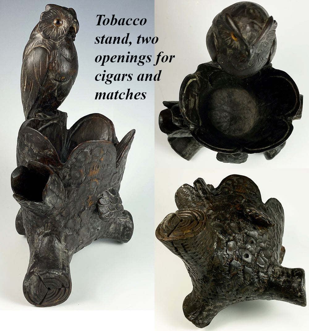 Antique HC Swiss Black Forest Owl on Logs, Cigar or Pipe Caddy, Match Holder 8" Tall