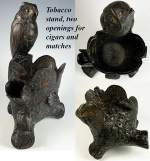 Antique HC Swiss Black Forest Owl on Logs, Cigar or Pipe Caddy, Match Holder 8" Tall