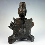 Antique HC Swiss Black Forest Owl on Logs, Cigar or Pipe Caddy, Match Holder 8" Tall