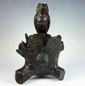 Antique HC Swiss Black Forest Owl on Logs, Cigar or Pipe Caddy, Match Holder 8" Tall