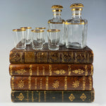 Charming Antique French Leather Bound Book Stack Bar, Liqueur Caddy, Decanters, Glasses