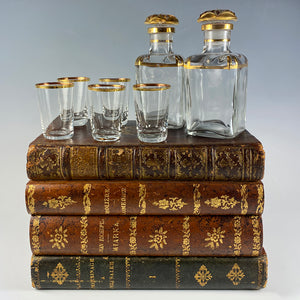 Charming Antique French Leather Bound Book Stack Bar, Liqueur Caddy, Decanters, Glasses