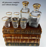 Charming Antique French Leather Bound Book Stack Bar, Liqueur Caddy, Decanters, Glasses