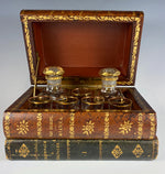 Charming Antique French Leather Bound Book Stack Bar, Liqueur Caddy, Decanters, Glasses