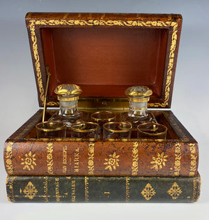 Charming Antique French Leather Bound Book Stack Bar, Liqueur Caddy, Decanters, Glasses