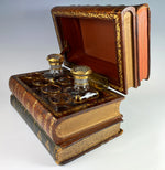 Charming Antique French Leather Bound Book Stack Bar, Liqueur Caddy, Decanters, Glasses