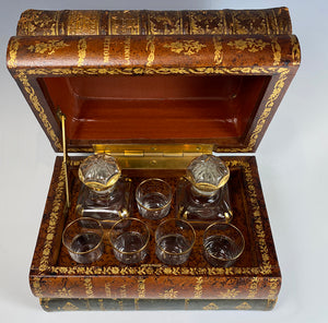 Charming Antique French Leather Bound Book Stack Bar, Liqueur Caddy, Decanters, Glasses