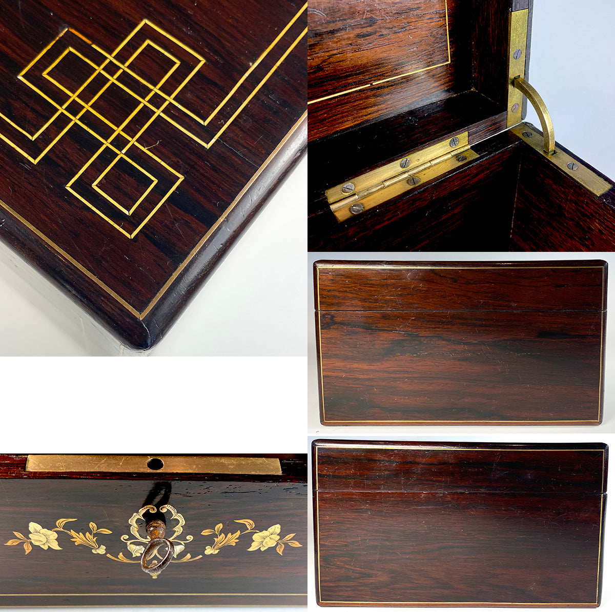 Antique French 11 3/4" x 8" Table Box w Boulle Inlays, Napoleon III Victorian Era, Lock & Key